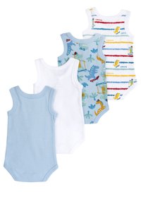 Jeu de quatre bodys en tissu pour bébé comprenant une couleur unie bleu clair, une couleur unie blanche, et deux motifs avec des dinosaures et des rayures colorées.