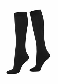 Schwarze kniehohe Socken aus glattem, dehnbarem Material mit einem gerippten Bund. Entwickelt für einen engen Sitz mit verstärkter Ferse und Zehen.