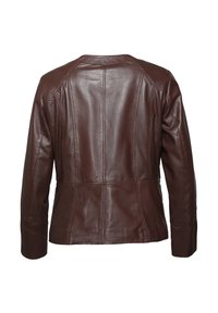 Brun læderjakke med et tætsiddende design, synlige stikninger og lange ærmer. Bagsiden viser flere panel sømme og en rund halsudskæring.