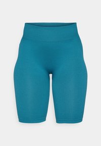Tealowe, prążkowane spodenki rowerowe z wysokim stanem, cechujące się gładką fakturą i dopasowanym fasonem, idealne na aktywny styl życia.