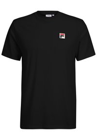 Black cotton t-shirt featuring a crew neck and short sleeves, with an embroidered Fila logo patch in red and white on the chest.