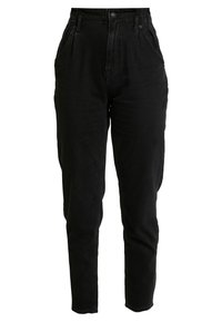 Zwarte denim hoge taille broek met een rechte pijp, twee voorzakken en een knoopsluiting. Getextureerd, met minimale stikdetails.