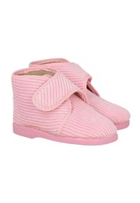 Botas infantiles rosas con tejido acanalado, correa de velcro, puntera redondeada y suelas planas. Superficie texturizada con una apariencia ligera y suave.