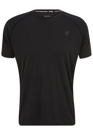 Camiseta atlética negra de manga corta, hecha de una tela suave y ligera. Presenta un logo sutil en el pecho y un escote redondo.