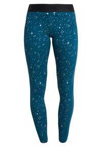 Leggings en color azul verdoso con una cinturilla elástica negra, que presentan un patrón estrellado de puntos blancos y plateados, mostrando una textura suave y elástica.