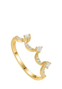 Gold ring with three wave-like sections, each featuring a small round diamond and a line of smaller diamonds along the surface.