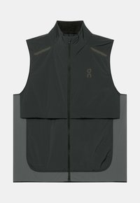 Gilet sans manches noir avec col montant, fermeture éclair devant et design en panneaux de tissu léger, marqué d’un petit logo sur la poitrine.