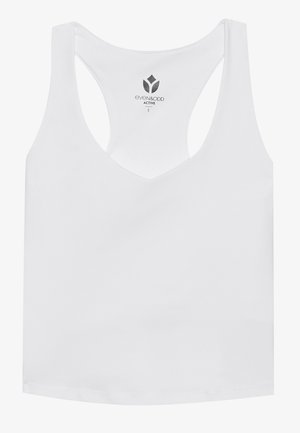 Valkoinen aktiivinen tank top, jossa on V-aukko ja urheilutyyppinen selkäosa. Valmistettu sileästä, kevyestä kankaasta, jossa on siisti ompelu ja ei mitään kuvioita.