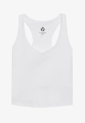 Valkoinen aktiivinen tank top, jossa on V-aukko ja urheilutyyppinen selkäosa. Valmistettu sileästä, kevyestä kankaasta, jossa on siisti ompelu ja ei mitään kuvioita.