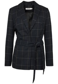 Ciemnogranatowa marynarka o dopasowanym kroju, z wzorem w kratę w kolorze białym i złotym oraz paskiem do wiązania w talii.