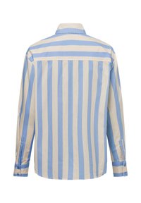 Long-sleeve shirt featuring vertical blue and cream stripes, made from lightweight fabric, with a pointed collar and button cuffs.