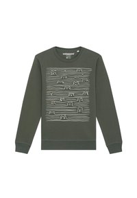 Donkergroene sweatshirt met een witte lijntekening van honden op golvende lijnen, ronde hals en lange mouwen, gemaakt van zacht stof.