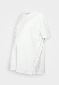 T-shirt de maternidade em algod�ão branco, mangas curtas, corte solto, detalhes nas costuras laterais, decote redondo, textura suave, comprimento médio.