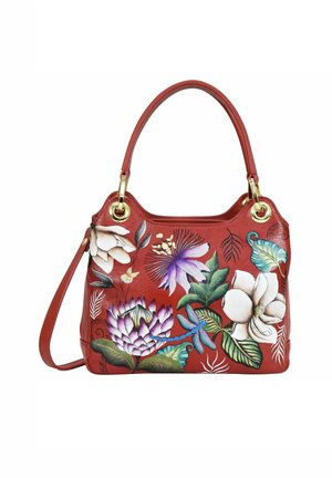 Rode leren handtas met bloemmotieven in het wit, paars en groen. Inclusief goudkleurige hardware en dubbele handgrepen voor draagmogelijkheden.
