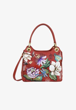 Rote Leder-Handtasche mit floralen Designs in Weiß, Lila und Grün. Mit goldfarbenen Beschlägen und zwei Tragegriffen für verschiedene Trageoptionen.