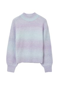 Maglione a coste di colore viola chiaro con effetto sfumato che passa a un azzurro pallido. Presenta un colletto rotondo e spalle scese.