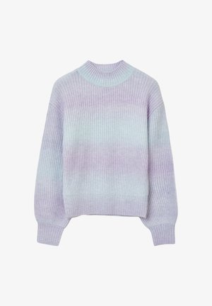 Lila gerippter Pullover mit einem Verlaufseffekt, der in ein blasses Blau übergeht. Verfügt über einen runden Hals und fallende Schultern.