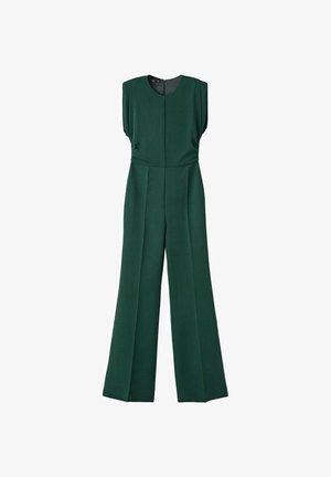 Grüner Jumpsuit aus strukturiertem Stoff mit Rundhalsausschnitt, kurzen Ärmeln und weiten Hosenbeinen mit schmalem Bund.