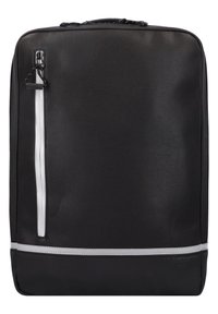 Sac à dos pour ordinateur portable noir en tissu texturé avec une section inférieure lisse. Comprend une poche zippée à l'avant avec des accents blancs et une poignée supérieure.