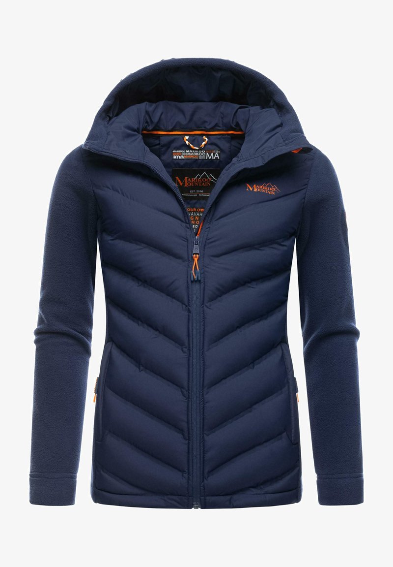 Navy blue puffer jacket with a hood, featuring a zip front, chevron quilted design, and orange accents on the zipper and logo.