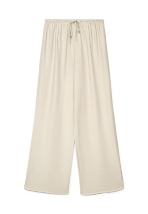 Pantalon beige à jambes larges avec taille élastique et cordon de serrage, fabriqué en tissu doux et texturé.