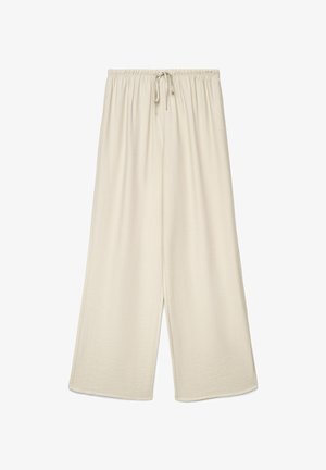 Beige Hosen mit weitem Bein, elastischem Bund und Kordelzug, aus weichem, strukturiertem Stoff gefertigt.