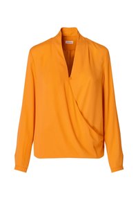 Long-sleeve wrap blouse in bright orange, made of smooth fabric. Features a deep V-neckline and a front button closure.