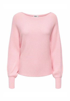 Růžový žebrovaný svetr s volným střihem, širokým lodičkovým výstřihem a nafouklými rukávy. Má jemnou strukturu a přiléhavé manžety.