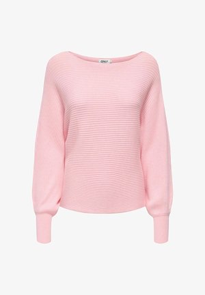 Suéter rosa acanalado con un ajuste holgado, escote ancho en forma de barco y mangas vaporosas. Presenta una textura suave y puños ajustados.