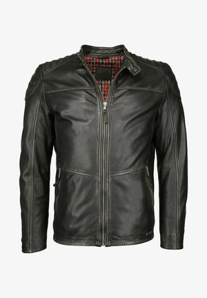 Svart läderjacka med dragkedja fram, ribbade axelaccenter och rutig inredning. Har två sidofickor med dragkedja.