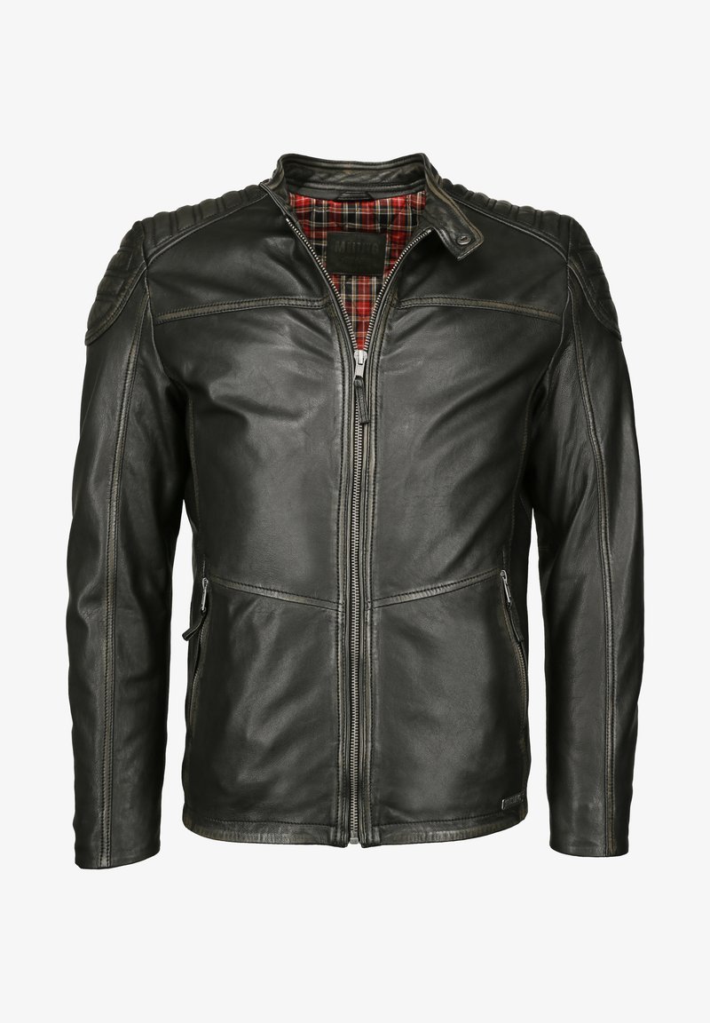 Svart läderjacka med dragkedja fram, ribbade axelaccenter och rutig inredning. Har två sidofickor med dragkedja.