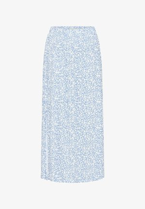 Lyseblå midi-nederdel med blomsterprint og strækbar talje, prydet med hvide, spredte blomster og en sideslids for en afslappet pasform.