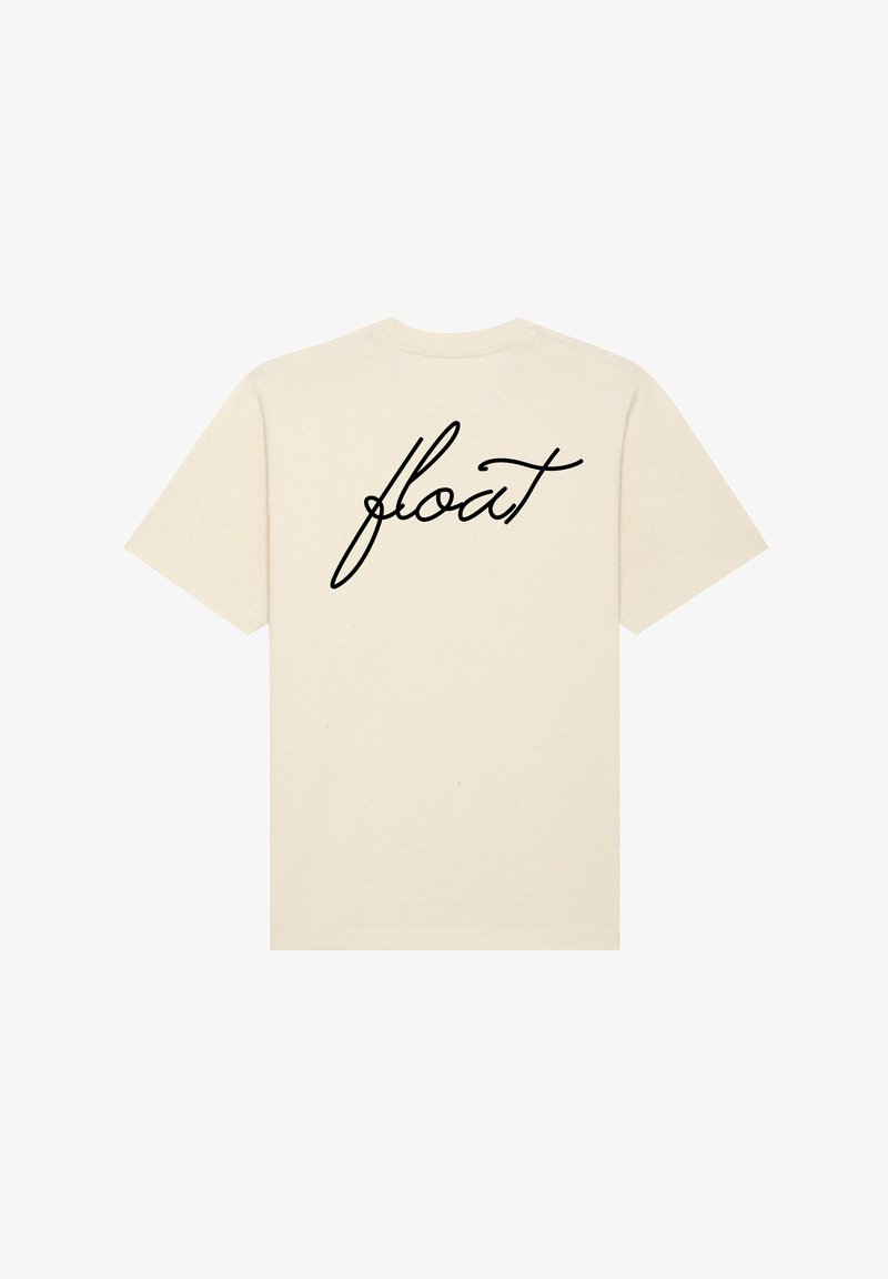 T-shirt en coton couleur crème à manches courtes, avec un design noir écrit à la main "float" imprimé au dos.