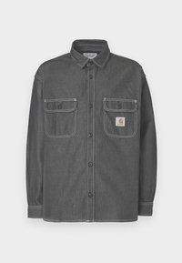 Ciemnoszara koszulowa kurtka wykonana z denimu, z dwoma kieszeniami na piersi, zapięciem na guziki oraz kontrastującym, białym przeszyciem. Logo Carhartt na kieszeni.