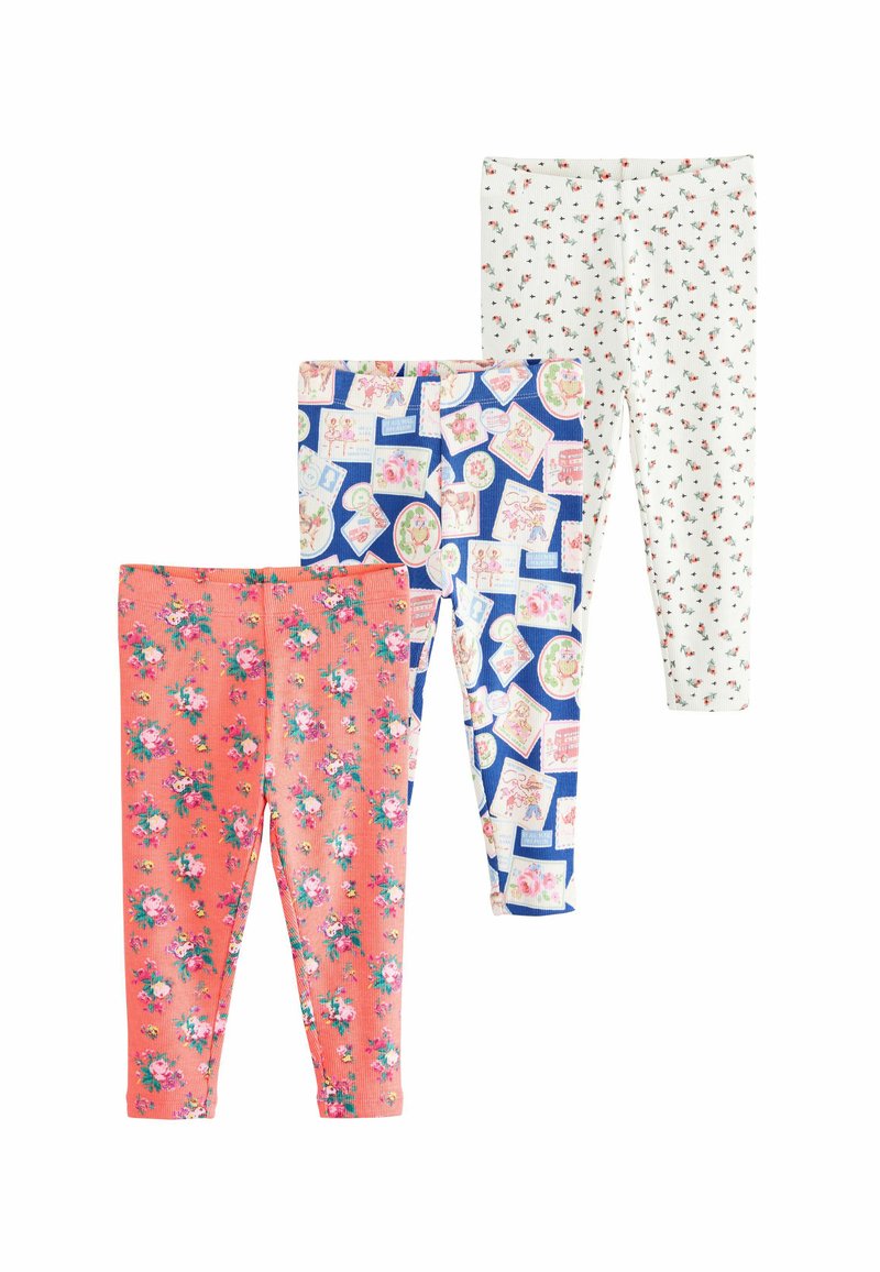 Tre paia di leggings: corallo con stampa floreale, blu con design di cartoline e bianco con piccoli motivi floreali. Tutti sono in cotone elasticizzato.