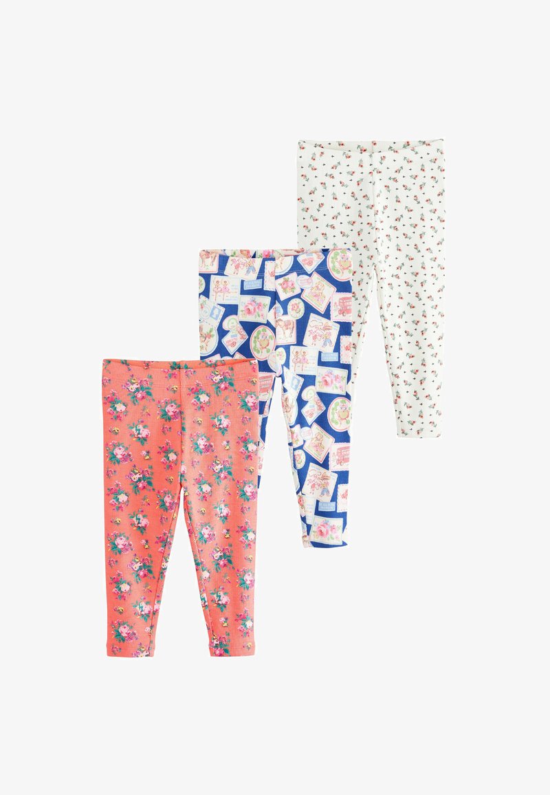 Three pairs of children's leggings with floral and patterned prints in coral, blue, and white colors, displayed on a white background.