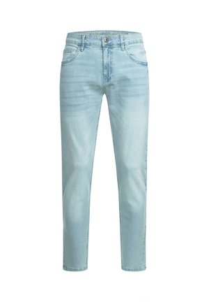 Light blue denim jeans with a straight cut, five pockets, and a metal button closure. Features subtle fading and a contrast logo waistband.
