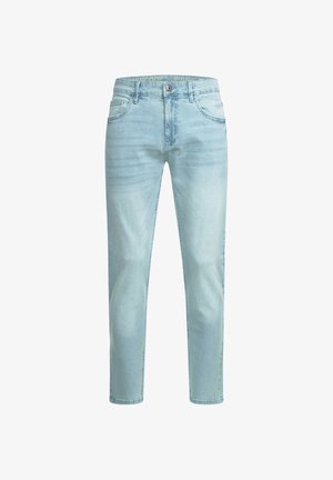 Lichtblauwe denim jeans met een rechte pasvorm, vijf zakken en een metalen knoopsluiting. Bevat subtiele vervaging en een contrasterende logo tailleband.