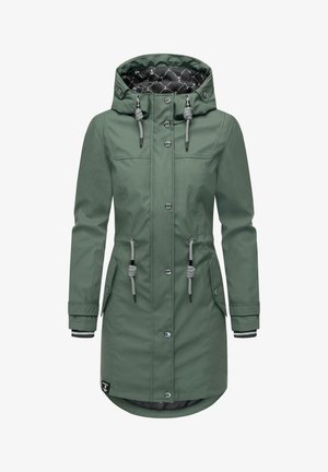 Grüne Damen-Hooded-Parka mit Knopfleiste, verstellbaren Kordeln, Klapptaschen und gestepptem Innenfutter mit Anker-Muster in der Kapuze.