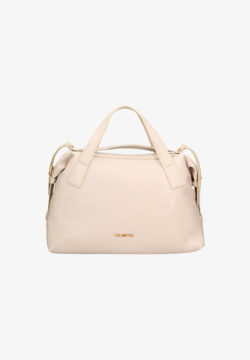 Sac à main en cuir texturé beige avec double poignées et quincaillerie ton or. Forme arrondie avec une fermeture zippée sur le dessus et un logo de marque discret.