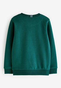 Zelený mikina s okrúhlym výstrihom a rebrovanými manžetami a spodným okrajom, s hladkou textúrou a páskou na zadnej časti výstrihu v kontrastných farbách.
