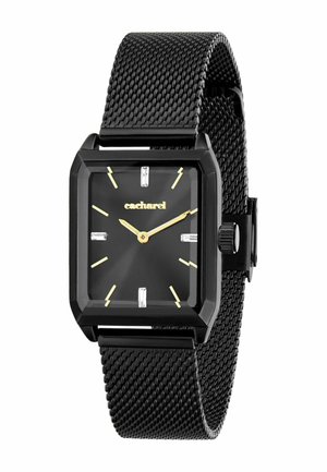 Czarny zegarek na nadgarstek o kwadratowej tarczy z złotymi wskazówkami i znacznikami, prostokątnymi kryształowymi wskaźnikami godzin oraz czarnym paskiem z siateczki.