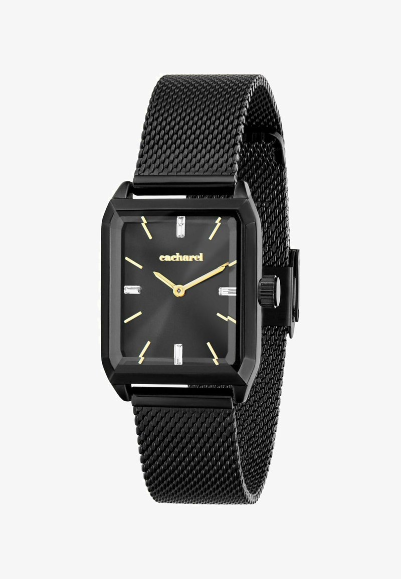 Zwart vierkant horloge met gouden wijzers en markeringen, rechthoekige kristal uurindicatoren en zwarte metalen mesh band.