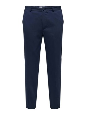 Marineblauwe broek van gladde stof, met een rechte voorkant, riemlussen en knoopsluiting; slim fit, enkellopende ontwerp.