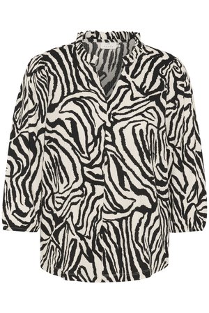 Blouse en imprimé zèbre noir et blanc. Dotée d'un décolleté en V, de manches trois-quarts et d'un tissu texturé avec un col froncé.