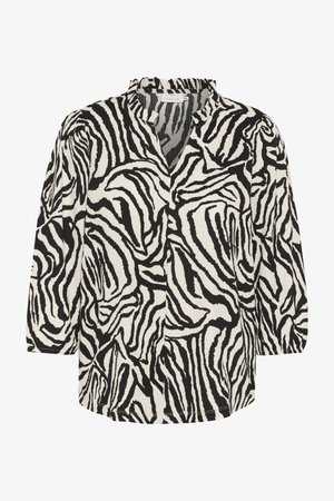 Blúzka s čierno-bielym zebrovým vzorom. Má výstrih do V, rukávy po trištvrte a štruktúrovanú látku so riasením na golieri.