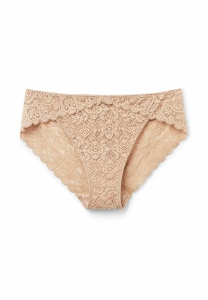 Lace bikini-stijl ondergoed in nude, met bloemenpatronen, gegolfde randen en een zachte, rekbare textuur voor comfort.