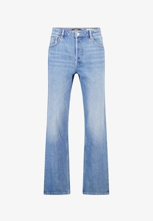 Light blue high-waist straight-leg jeans with front button and zipper closure, front and back pockets, and subtle fading.