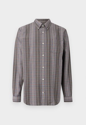 Long-sleeve button-up shirt with brown, white, blue, and purple plaid pattern and a front pocket on a white background.
