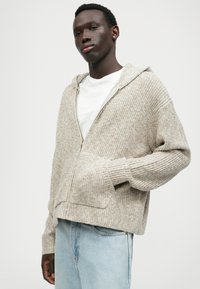 Ανοιχτό γκρίζο πλεκτό φούτερ με φερμουάρ, ριγωτούς κορμούς και μπροστινές τσέπες. Φορεμένο πάνω από ένα λευκό T-shirt, έχει υφασμάτινη υφή.